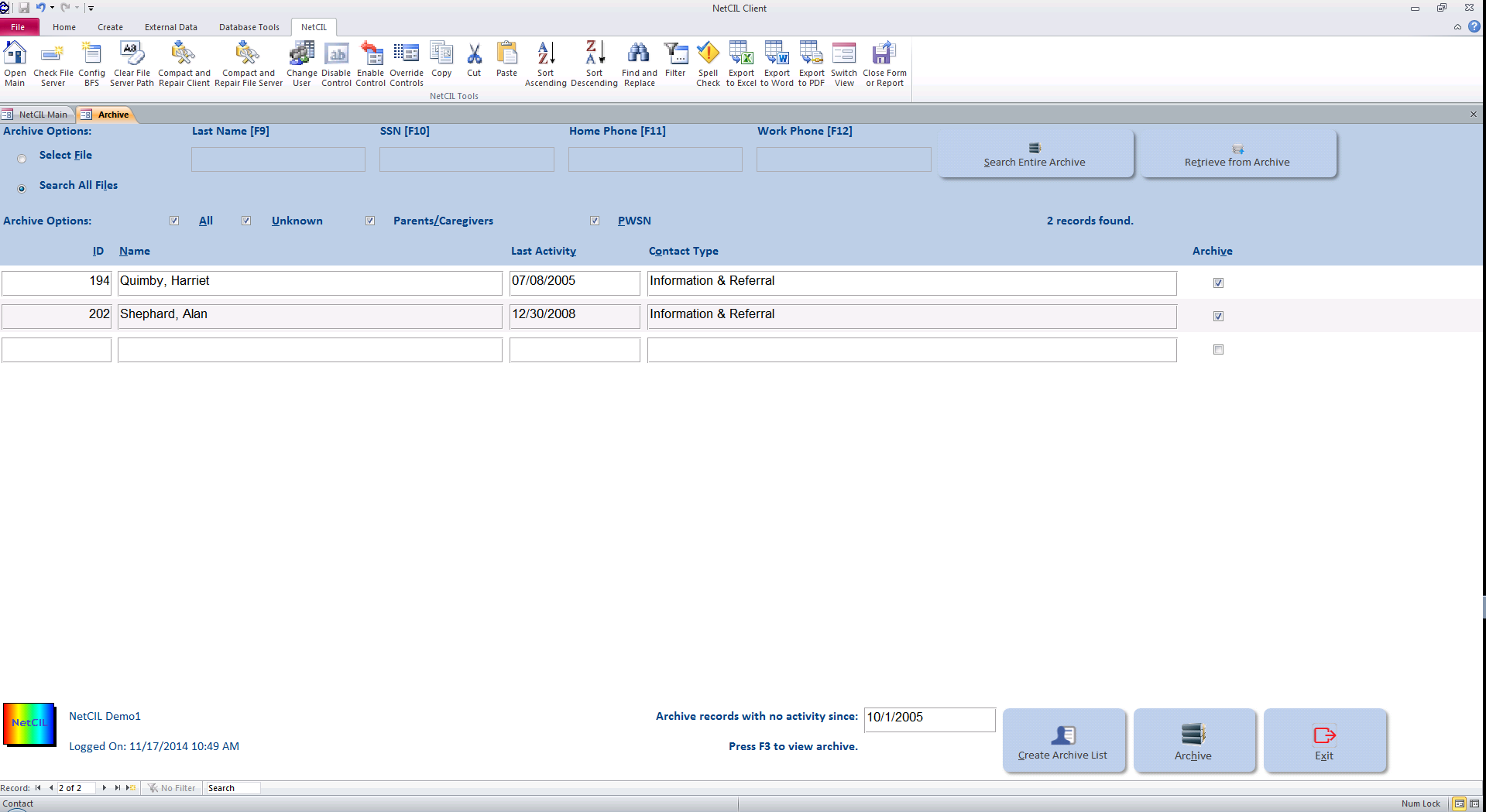 NetCIL Archive form.