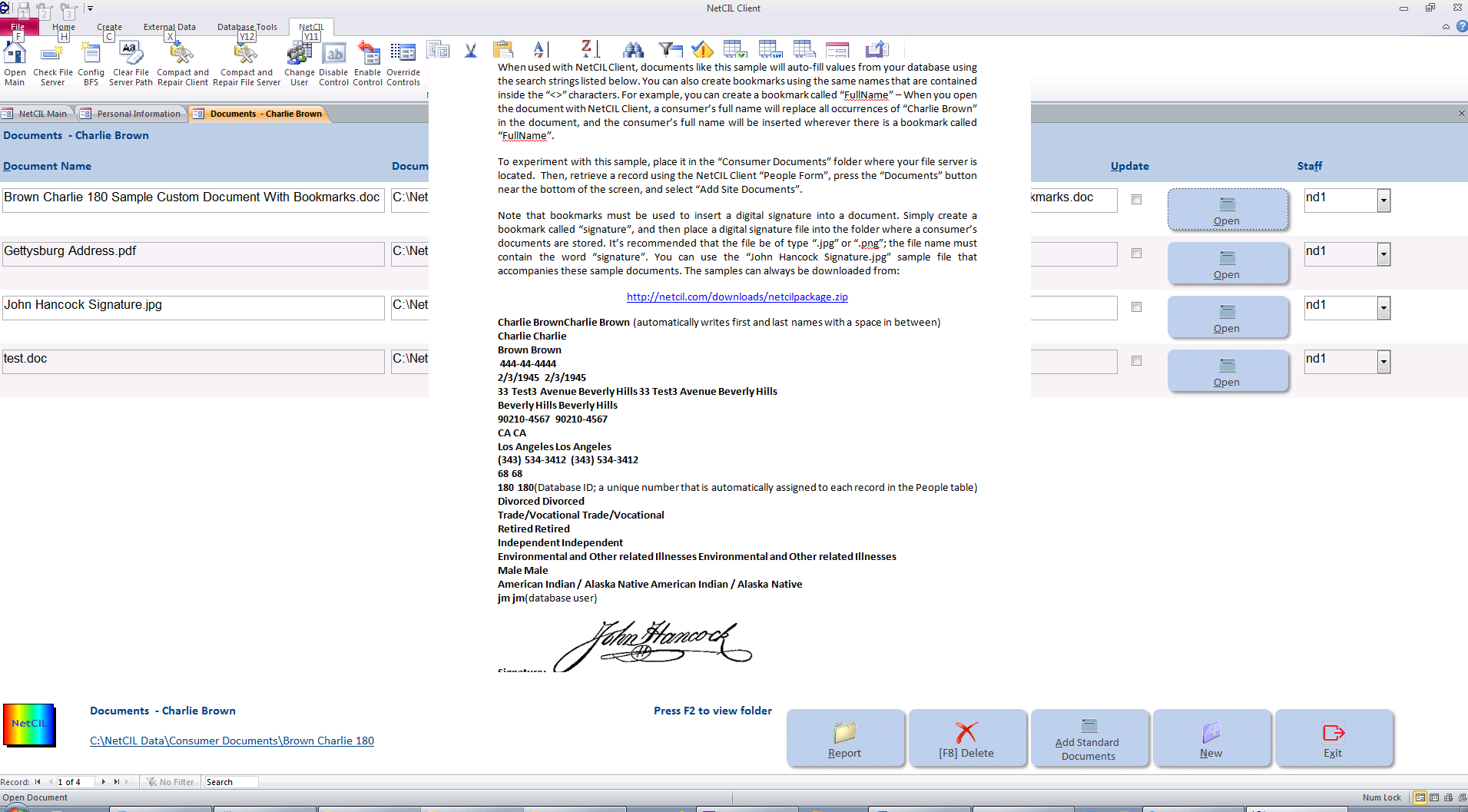 NetCIL Documents form.