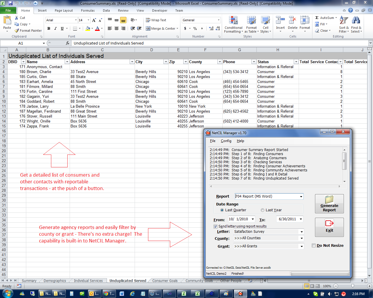 NetCIL Manager form and Consumer Summary Report.